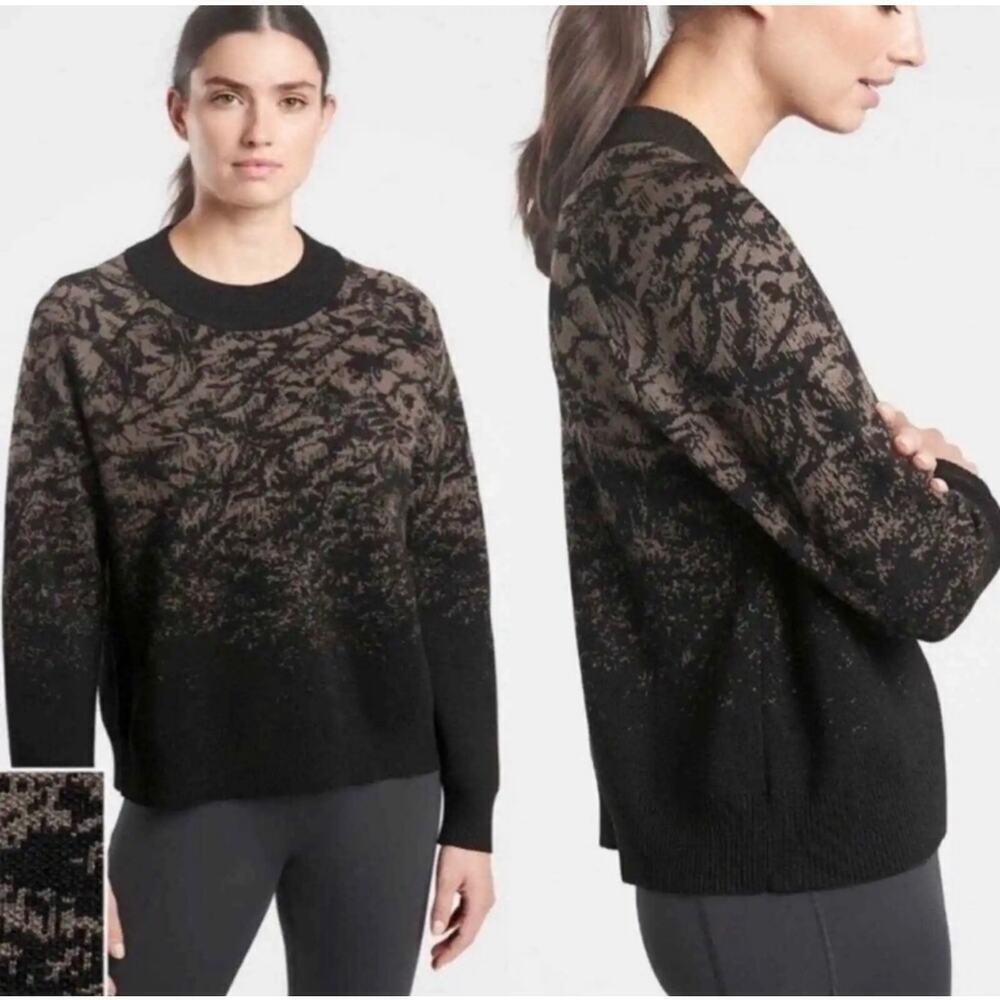 Athleta Jacquard Crew Neck Wool Sweater Black Size XS